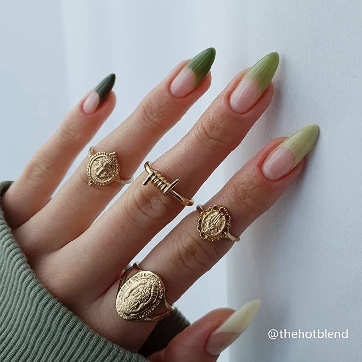 Chic Gradient Almond Nails in Pink and Green with Elegant Gold Accents.