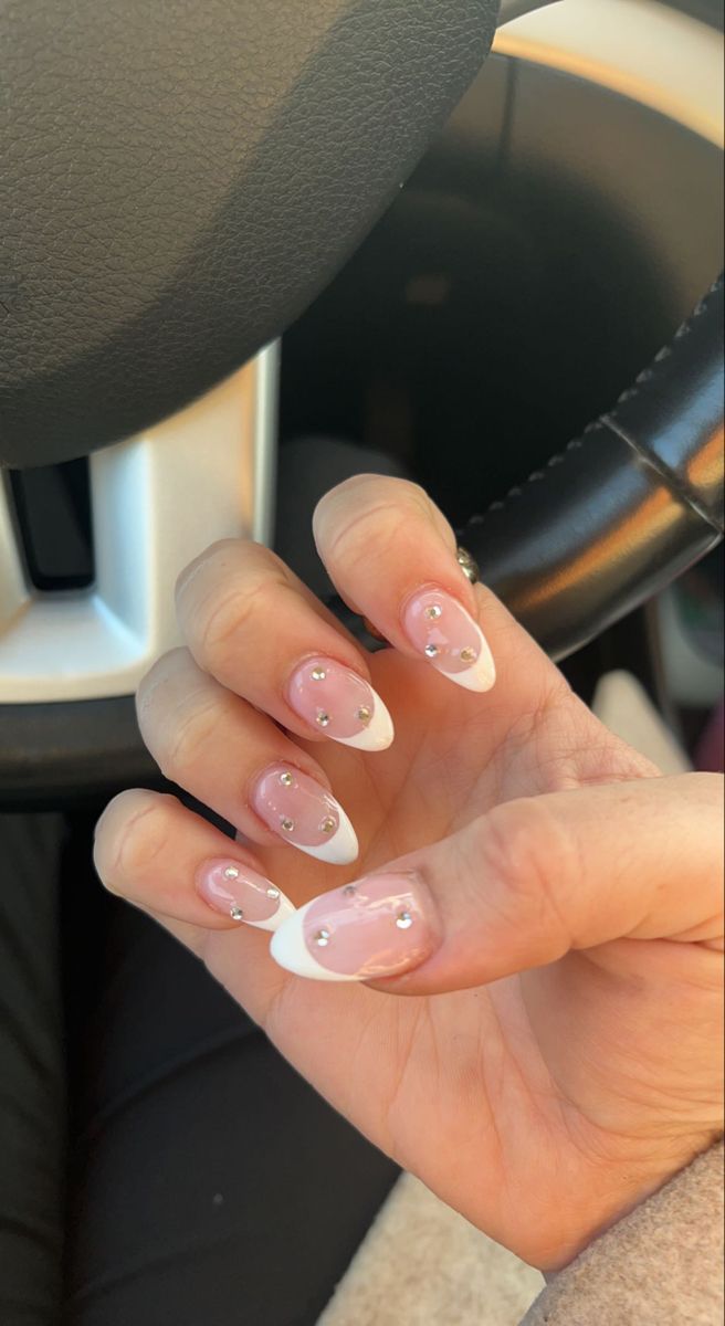 Chic Soft Pink French Manicure with Sparkling Rhinestones