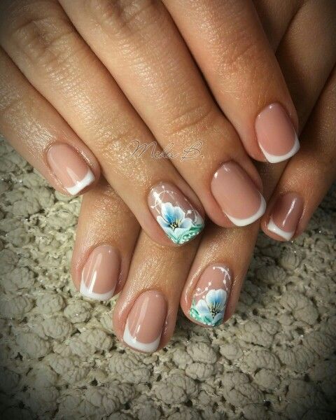 Elegant Floral Nail Design: Classic Nude Base with Glossy Finish and Hand-Painted Accents