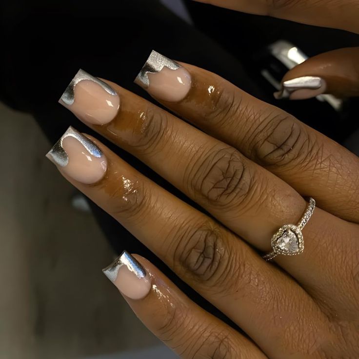 Chic Nail Design: Modern Metallic French Tips on a Nude Base