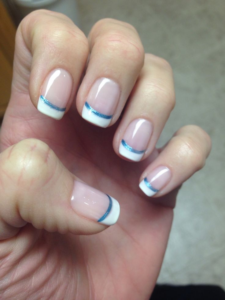 Chic French Tip Manicure with Vibrant Blue Stripe for a Modern Touch.