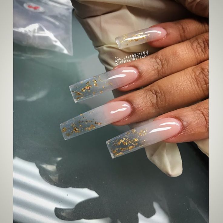 Elegant Transparent Ombre Long Nails with Gold Flakes