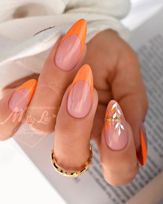 Chic Chic Contrast: Elegant Almond-Shaped Nails with Vibrant Orange and Nude Design