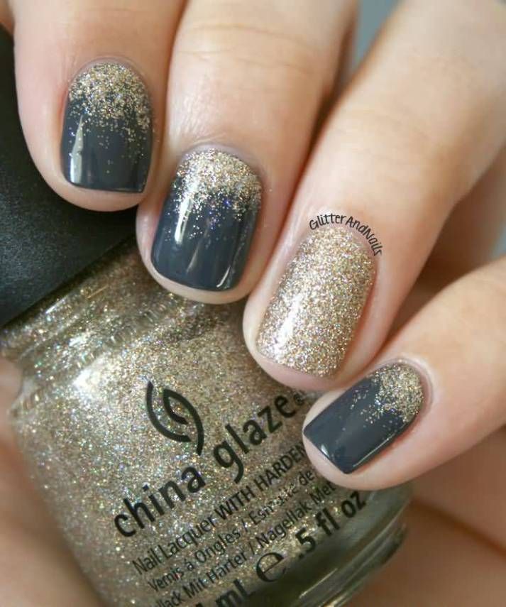 Elegant Two-Tone Matte Dark Gray and Glitter Nail Design for Glamorous Occasions.