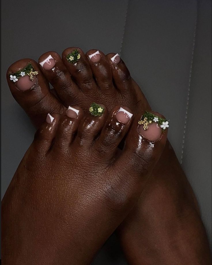 Elegant Floral Nude Pedicure with White Tips for a Sophisticated Summer Vibe.