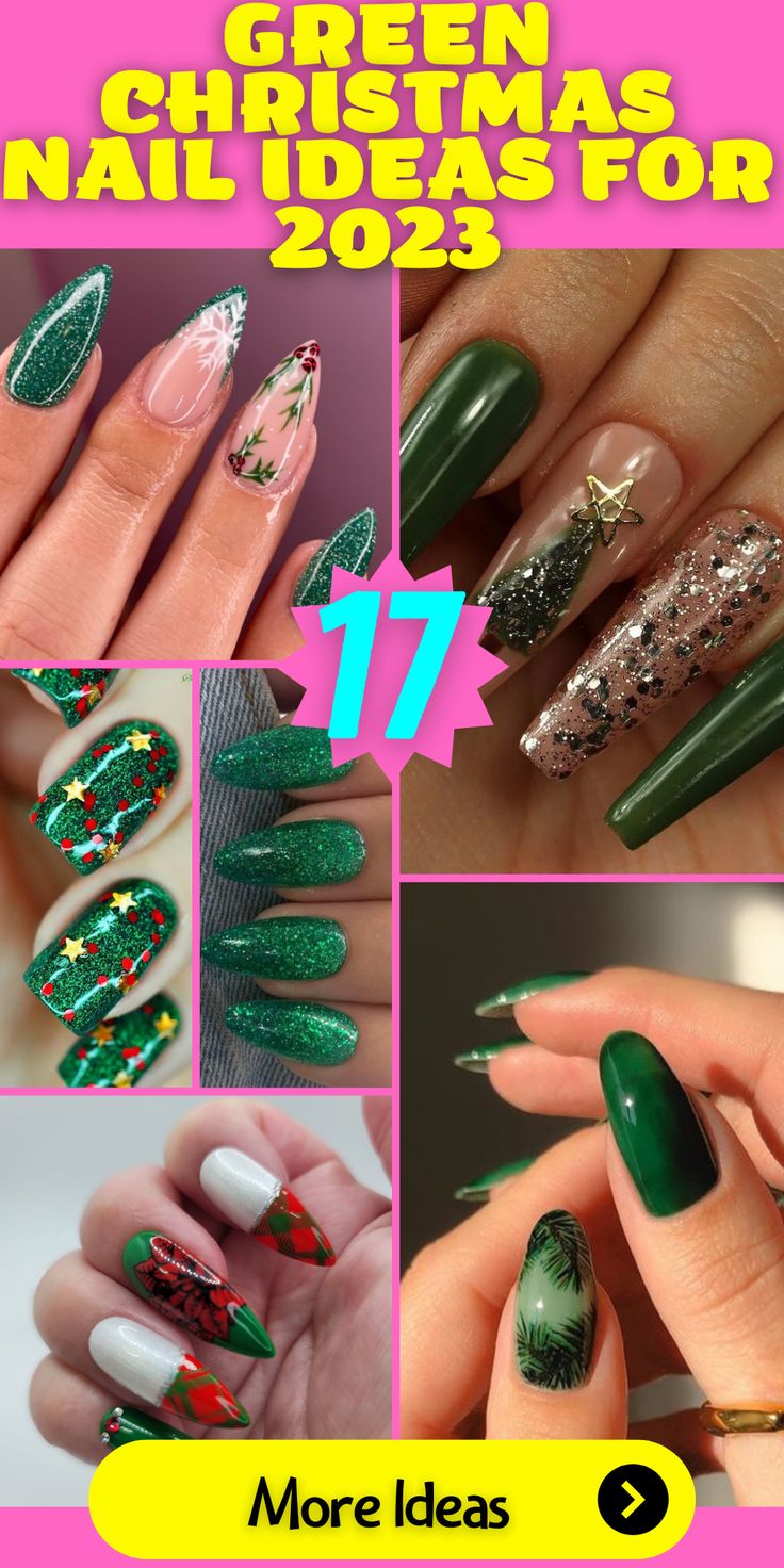 Festive Green Holiday Nail Designs with Whimsical Accents and Diverse Finishes.