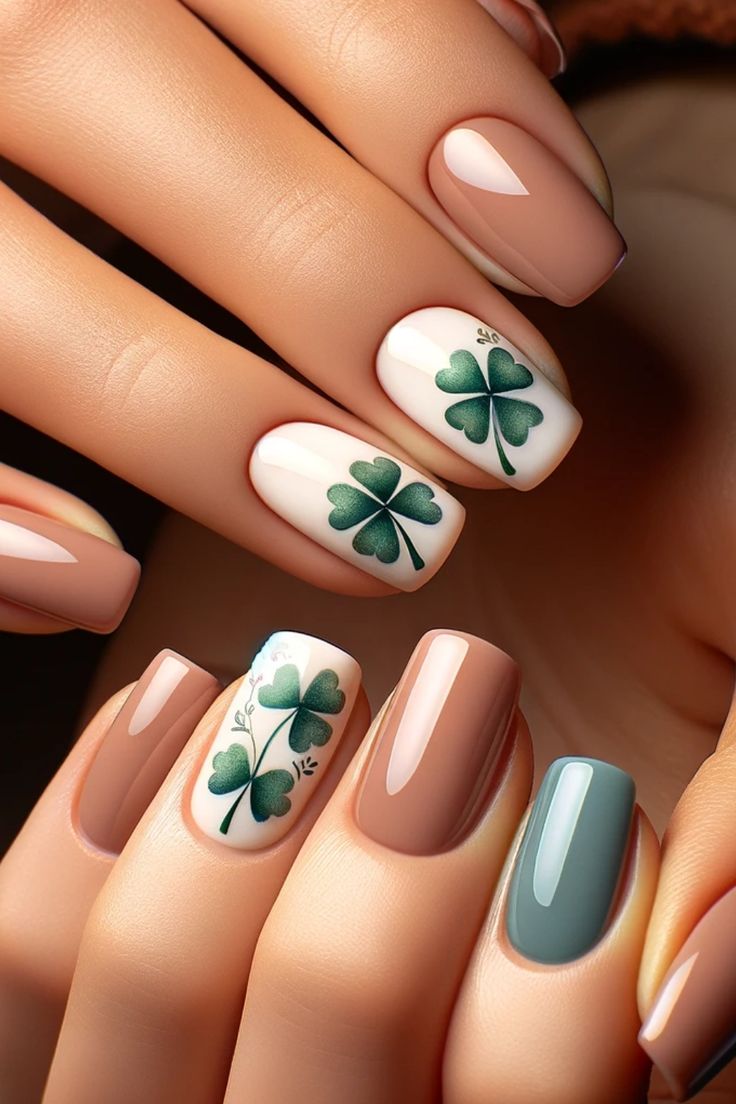 Elegant Spring Nail Design: Nude and Pastel Shades with Playful Green Clover Accents