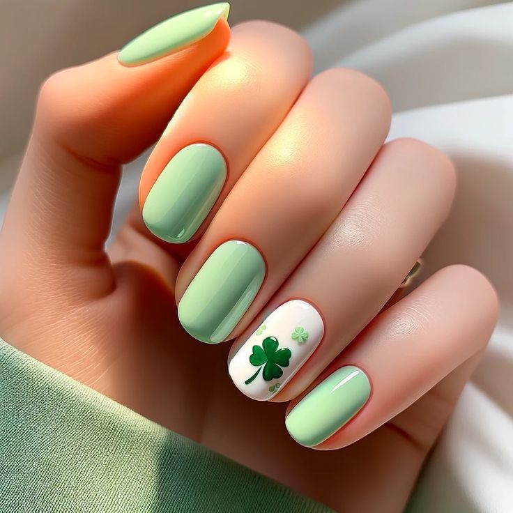 Charming Spring-Inspired Green Manicure with Shamrock Accents