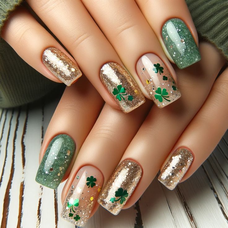 Charming Festive Nail Design with Shimmering Gold and Green, Adorned with Glitter and Shamrock Embellishments.