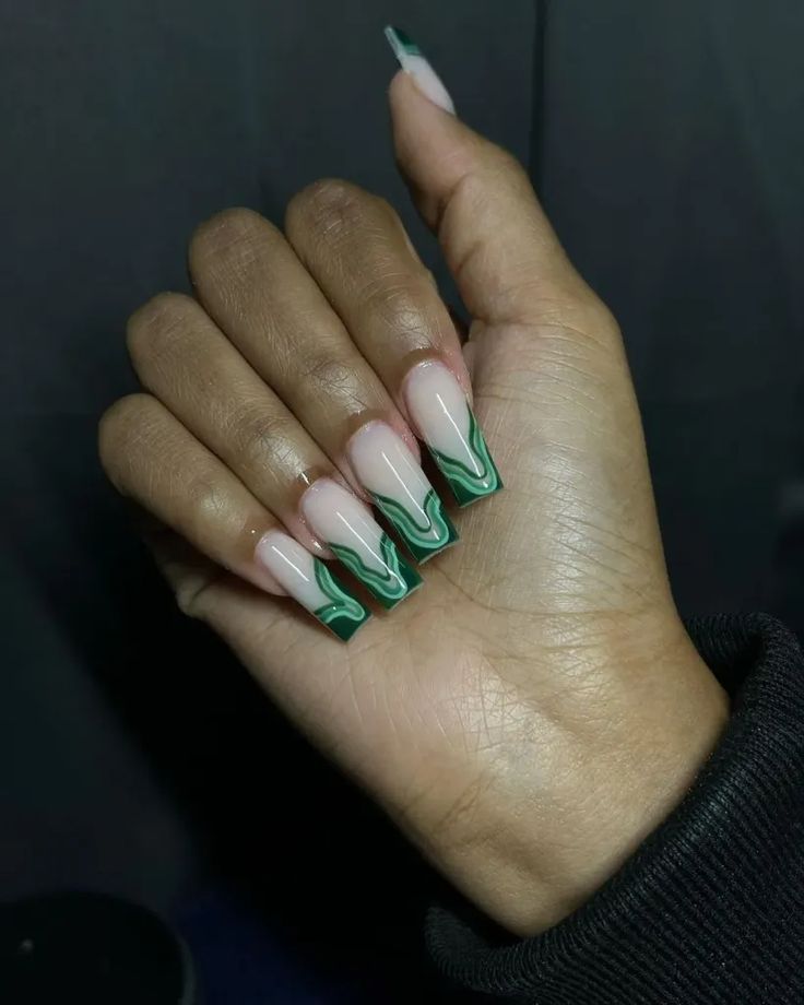 Chic Nude and Green Nail Design: Modern Elegance with a Bold Statement.