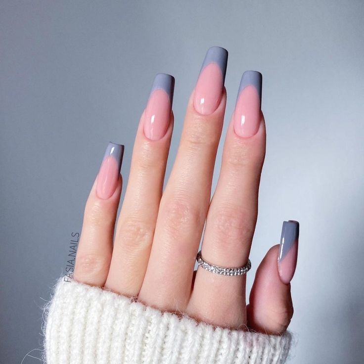 Elegant Almond-Shaped Nails with Soft Pink and Muted Gray Color Block Design