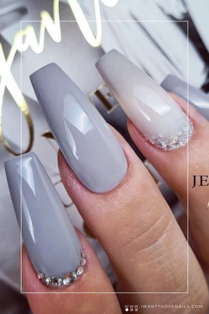 Sophisticated Gray Ombre Nail Design with Sparkling Rhinestones