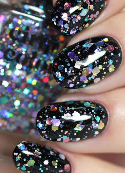 Dazzling Black Nail Design Highlighted by Vibrant Holographic Glitter