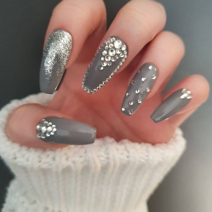 Sophisticated Elegant Gray Nail Design with Textures and Rhinestone Accents for Chic Occasions.