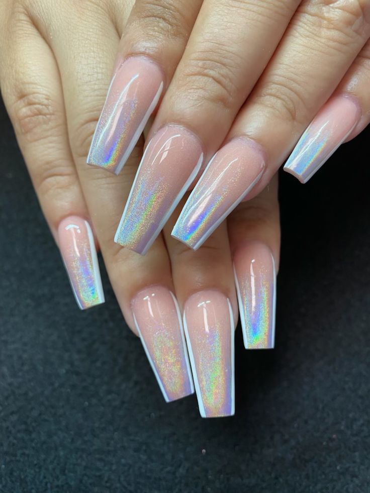 Chic Long Acrylic Nails with Nude Base, Holographic Accents, and Ombre Effect.