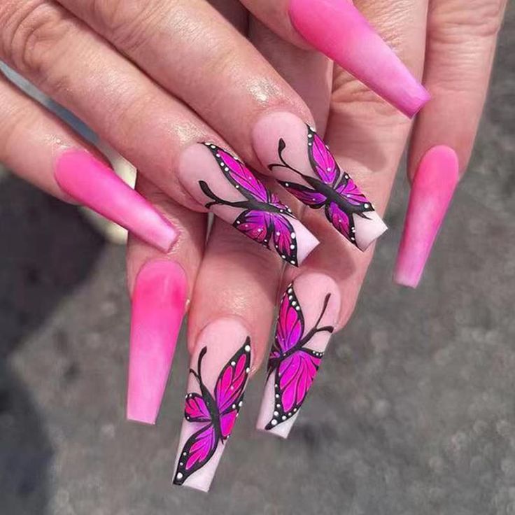 Stunning Vibrant Pink Ombre Butterfly Nail Art: Whimsical Elegance in Detail.