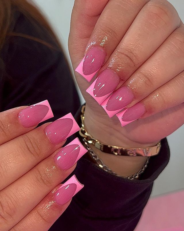 Chic Modern French Tip Nail Design with Glossy Pink and Neon Accents