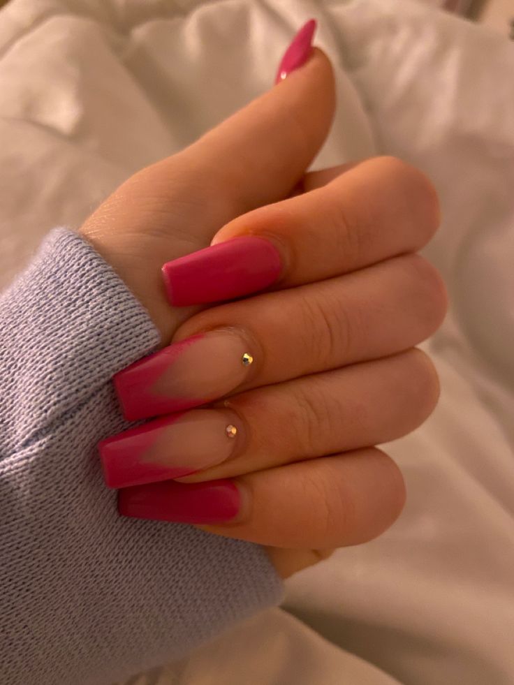 Chic Vibrant Pink Ombre Acrylic Nails with Gemstone Accent for Bold Elegance