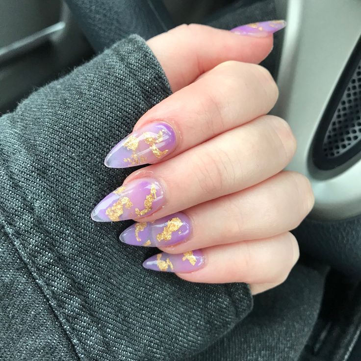 Elegant Almond-Shaped Nails: Lavish Lavender with Gold Leaf Accents