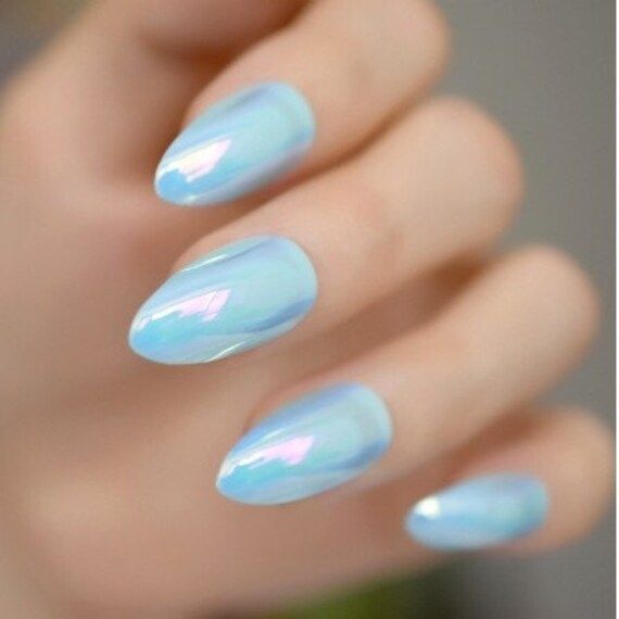 Mesmerizing Iridescent Blue Nails: Elegant Glossy Finish for Any Occasion.