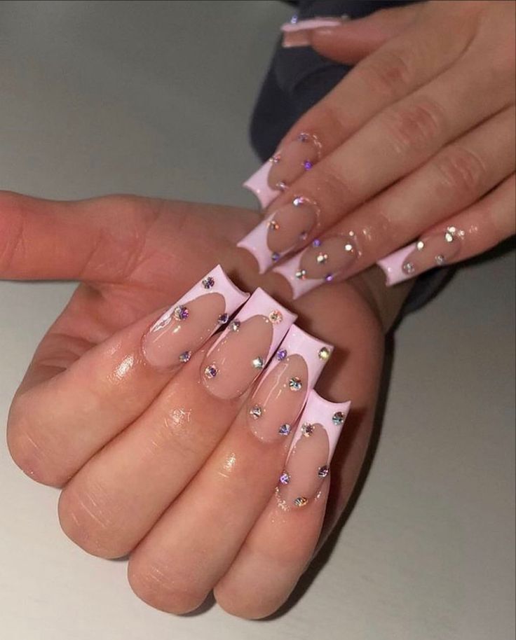 Chic Soft Pink Tip Nails with Glossy Finish and Sparkling Rhinestones