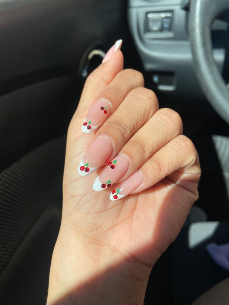 Whimsical Cherry Nail Art: Fresh Look with White Tips and Vibrant Accents