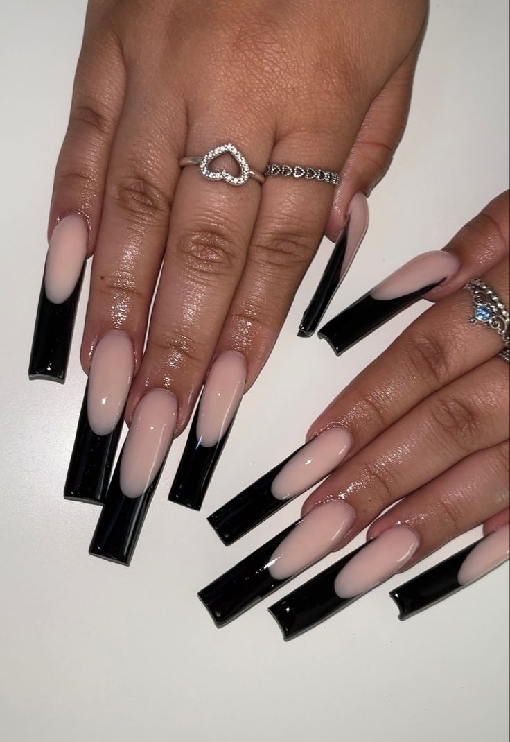 Chic Ombre Nail Design: Long Square Tips with Nude to Bold Black Gradient