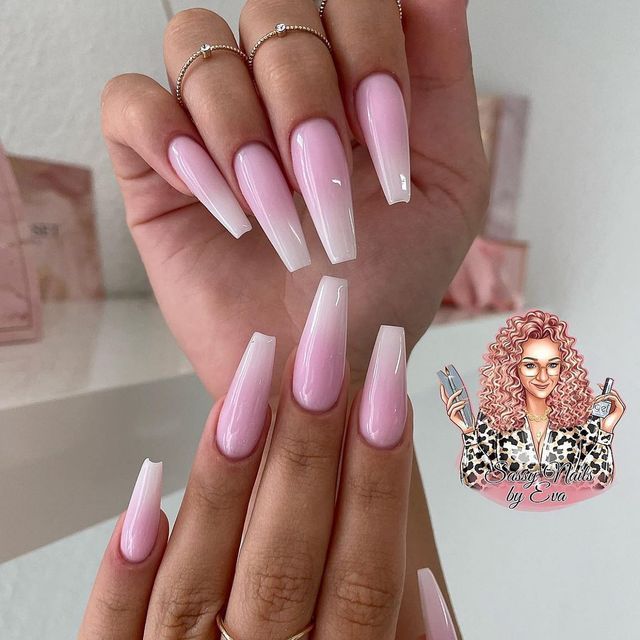 Chic Ombre Nail Design: Soft Pink Gradient with Long Tapered Tips and Glossy-Matte Effects