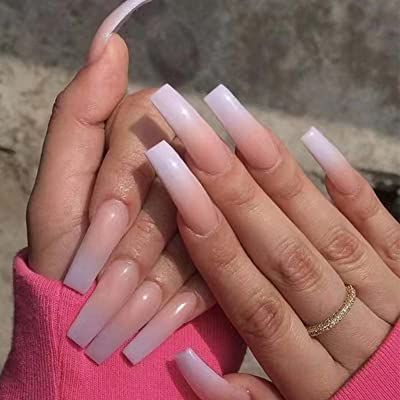 Chic Elegant Ombre Nails: Soft Pink to Clear with Polished Long Acrylics.