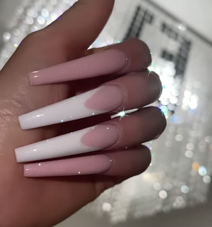 Chic Ombre Long Nails with Sparkling Accents: A Stylish Pink-White Gradient Design.