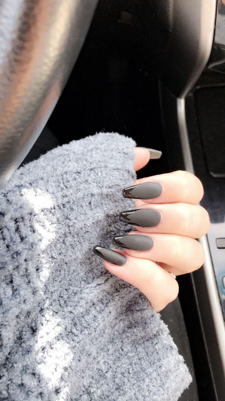 Sophisticated Edgy Chic: Elegant Matte Gray Nail Design with Glossy Tips