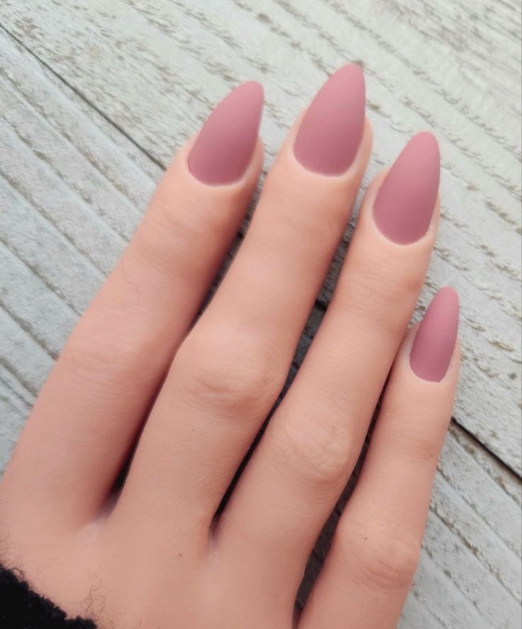 Chic Mauve Matte Almond Nails: Elegant and Minimalistic Sophistication for Any Occasion.