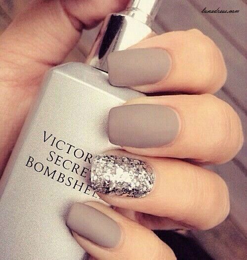 Chic Matte Taupe Nails with Glamorous Glitter Accent for Any Occasion