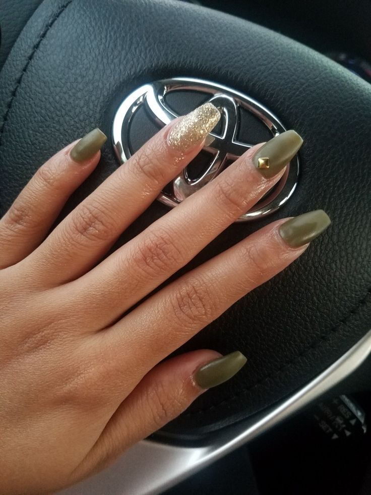 Chic Nail Design: Matte Olive Green with Glittery Gold Accents for a Bold Statement