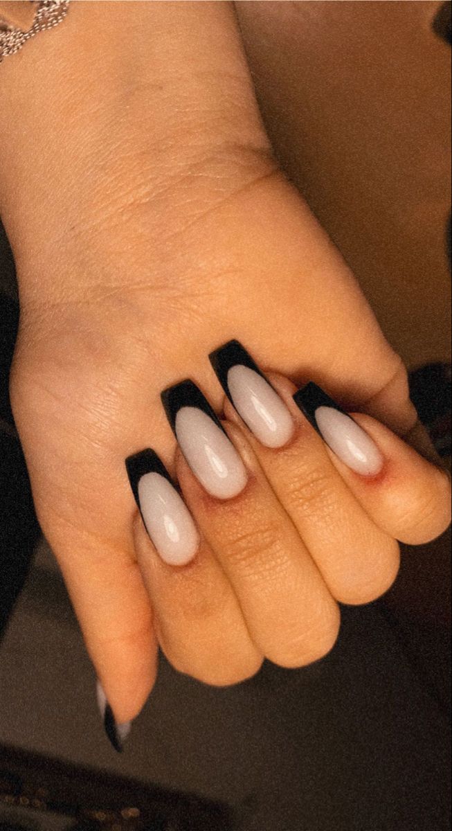 Chic Elongated Nail Design with Light Gray and Bold Black Tips