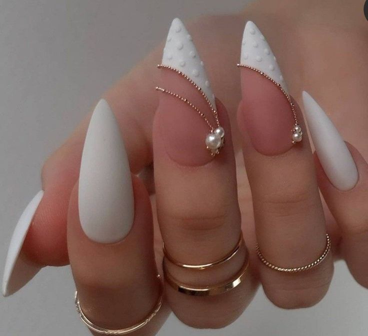 Chic Matte White Stiletto Nail Design with Textured Accents and Gold Details