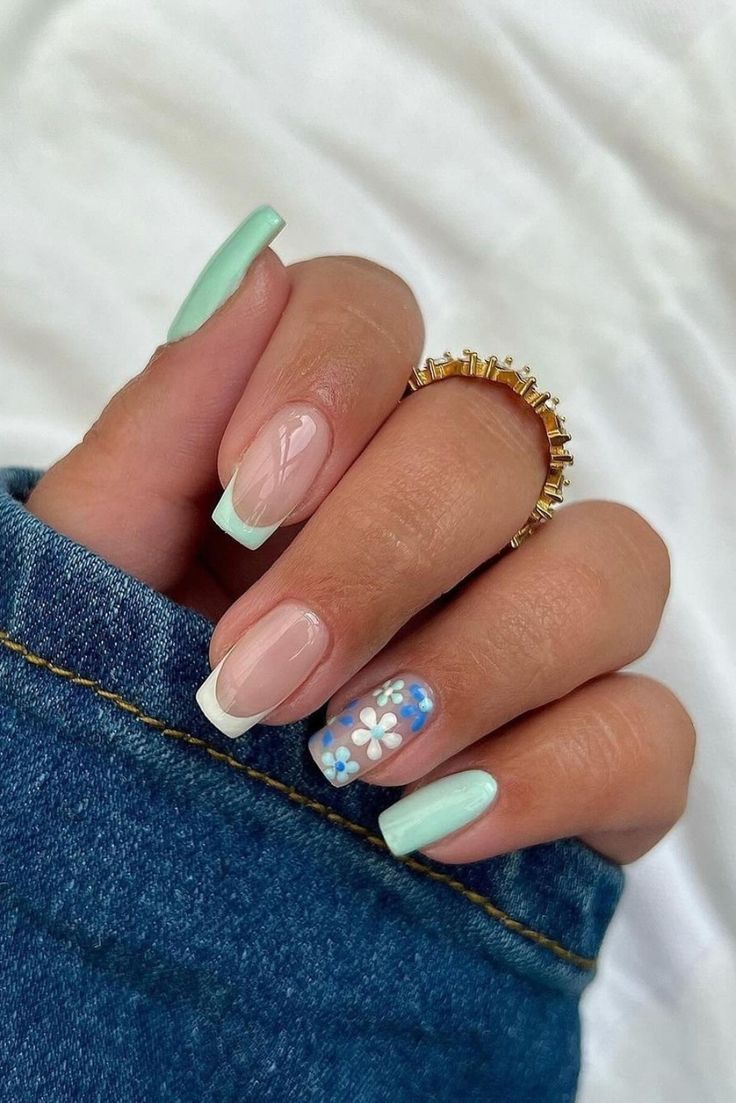 Chic Pastel Nail Design: Mint Green, Floral Art, and French Tips for a Fresh and Elegant Look