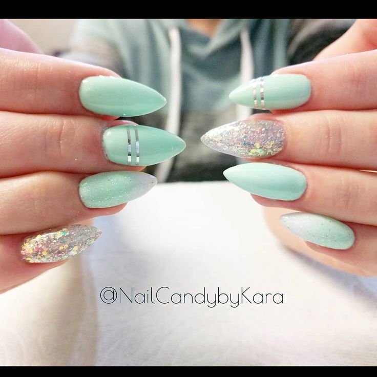 Chic Mint Green Nail Design with Matte, Glitter, and Elegant Silver Stripes.