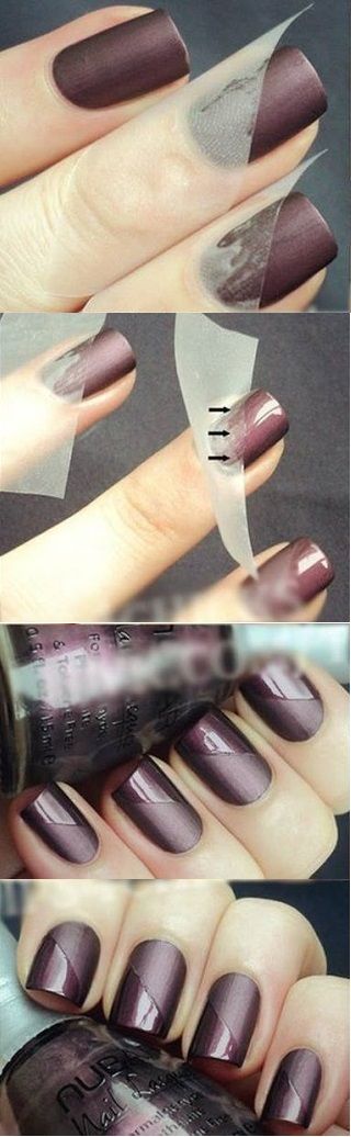 Elegant Matte and Glossy Dark Purple Nail Design with Geometric Lines.