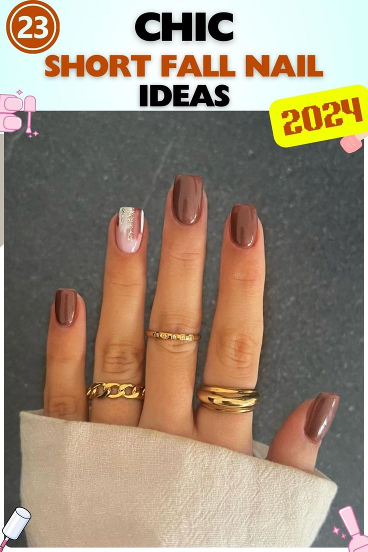 Chic Fall Nail Design: Warm Brown Base with Glittery Accent and Gold Rings