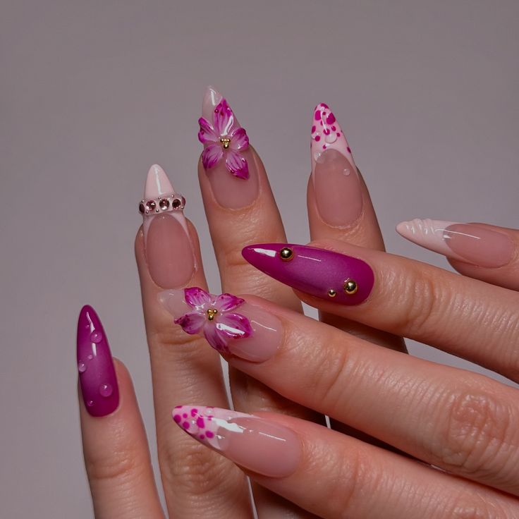 Trendy Pink Nail Art: Elegant Designs with Floral and 3D Embellishments