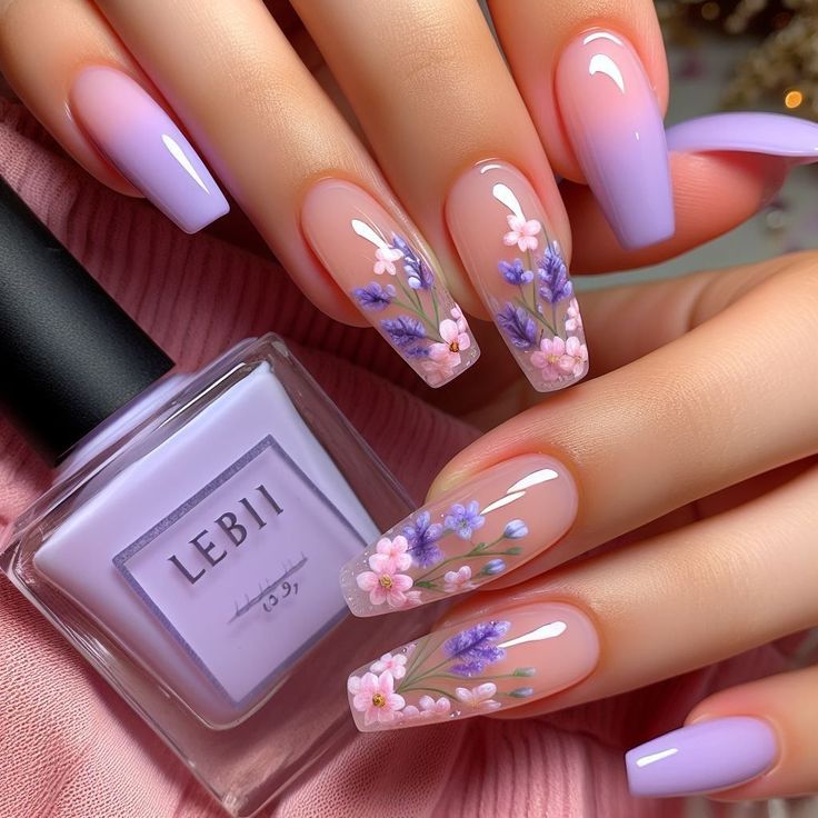 Elegant Floral Nail Art with Soft Lavender and Glossy Nude Base