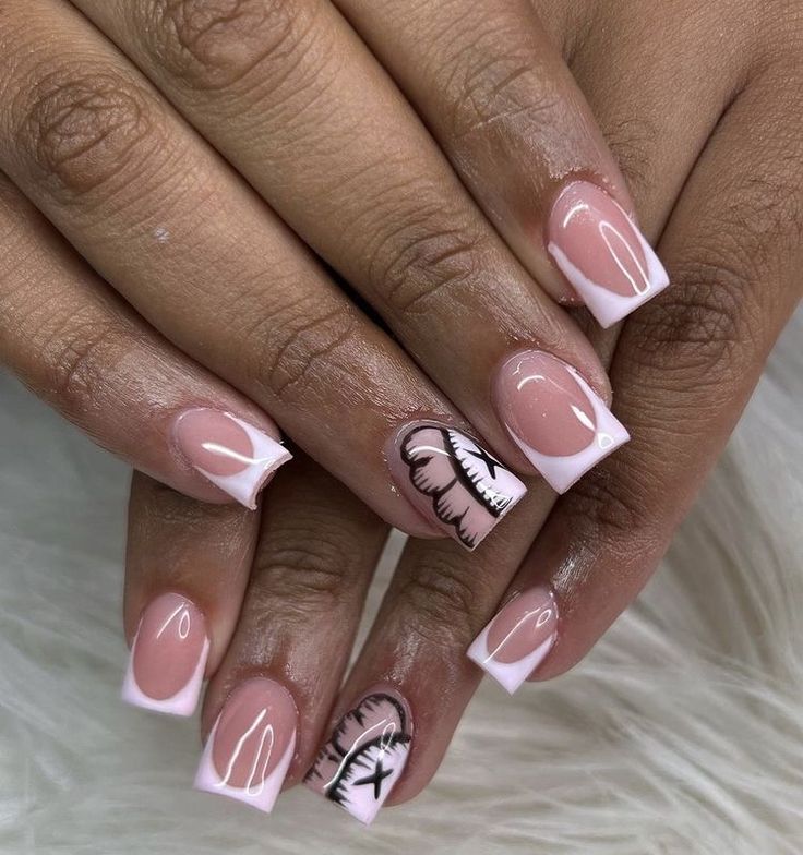 Chic Nude French Tip Nails with Playful Pastel Accent Illustrations.