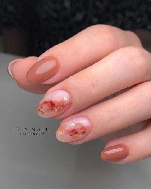 Sophisticated Nail Design: Muted Peach with Translucent Surfaces and Gold Accents.