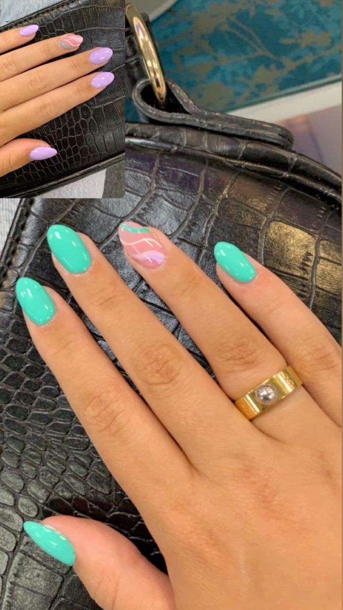 Chic Vibrant Nail Design: Glossy Mint Green with Lavender Accents and Pastel Pink Geometric Lines.