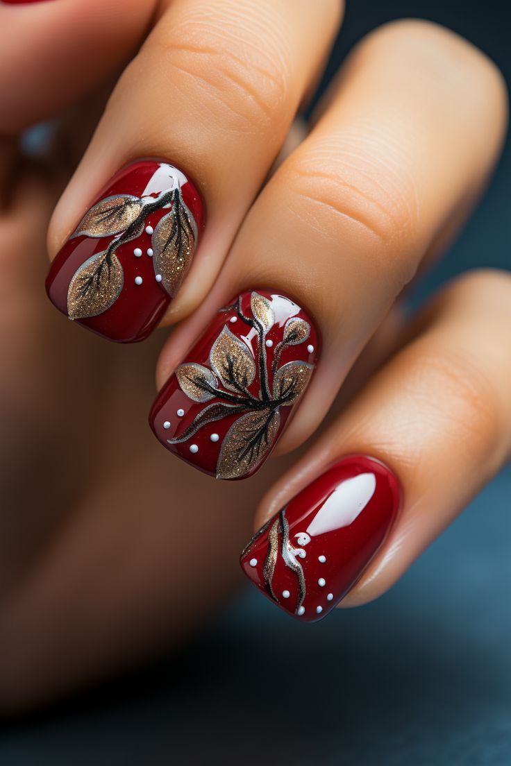 Sophisticated Burgundy Nail Art with Golden Leaves and Whimsical White Dots