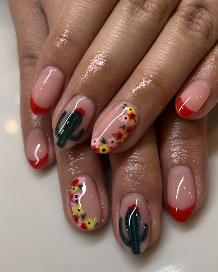 Vibrant Floral and Cactus Nail Art: A Playful Summer Design with Striking Soft Pink and Bold Red Contrast.