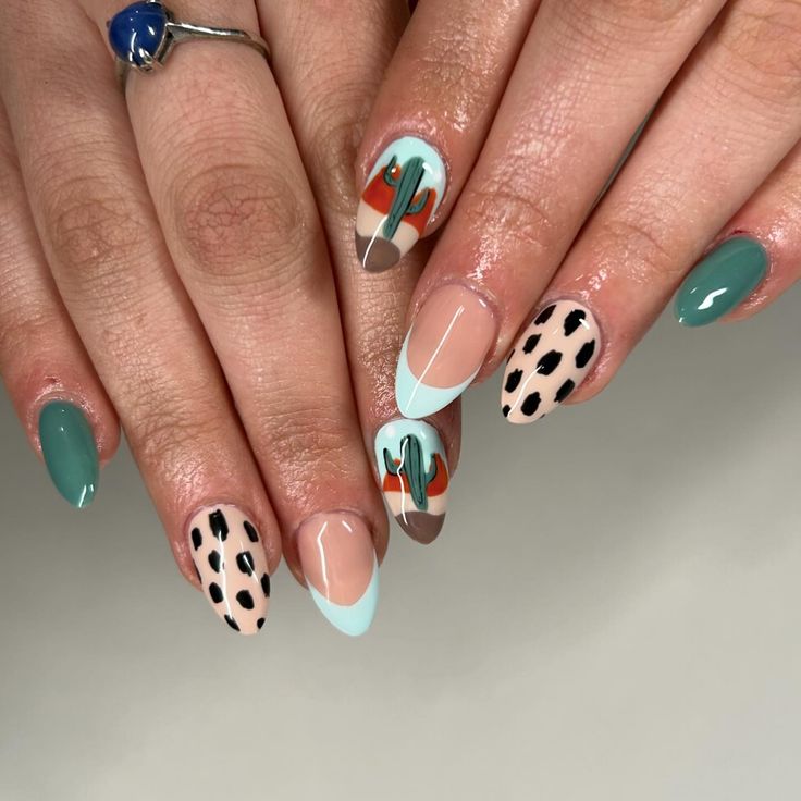 Colorful and Artistic Nail Design with Geometric Patterns and Creative Illustrations.