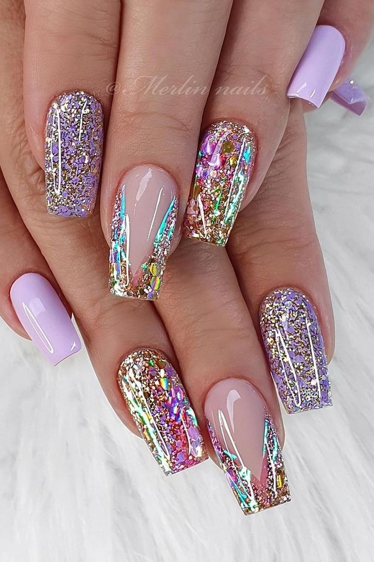 Lavender and Nude Glitter Nail Design with Iridescent Flakes and Metallic Stripes