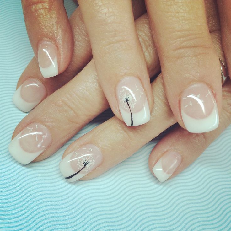 Sophisticated French Manicure with Whimsical Dandelion Line Art Accents